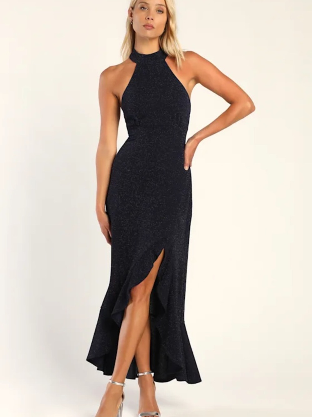 Halter Neck Black Sparkle Maxi Dress